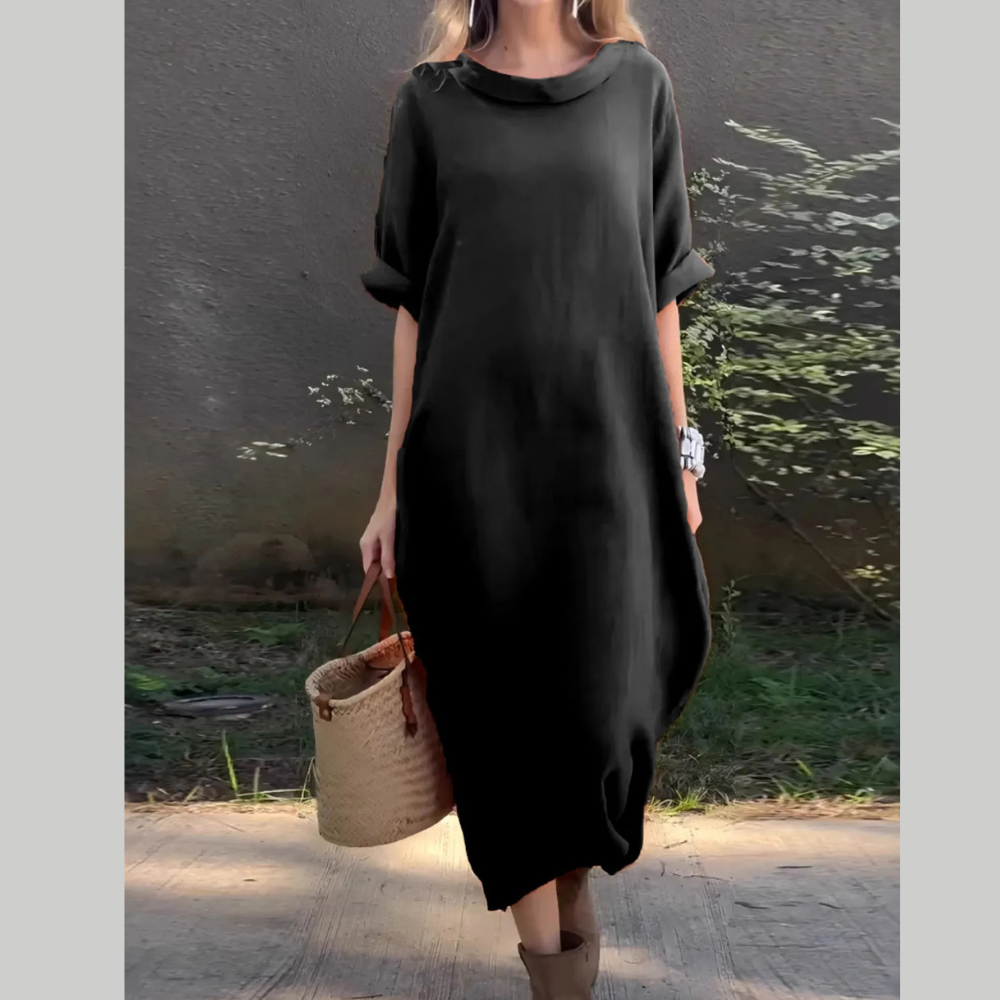 Full Size Casual Loose Fit Round Neck Midi Dress Plus Size