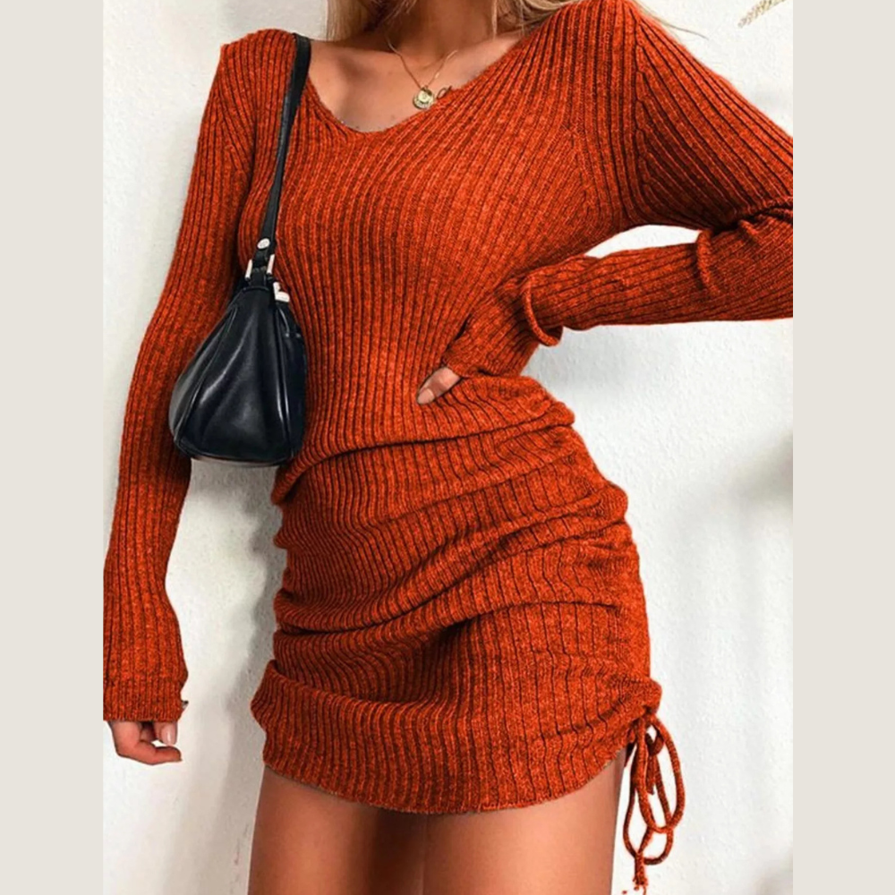 Full Size Ribbed Knit Drawstring Bodycon Sweater Dress Plus Size