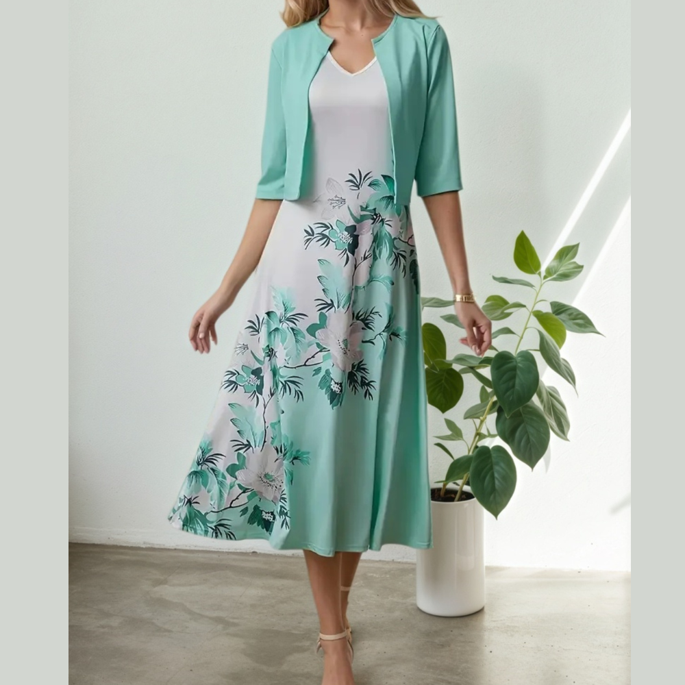 New Women's Round Neck Printed Dress Set
