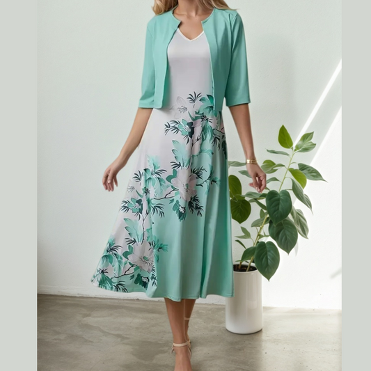 New Women's Round Neck Printed Dress Set