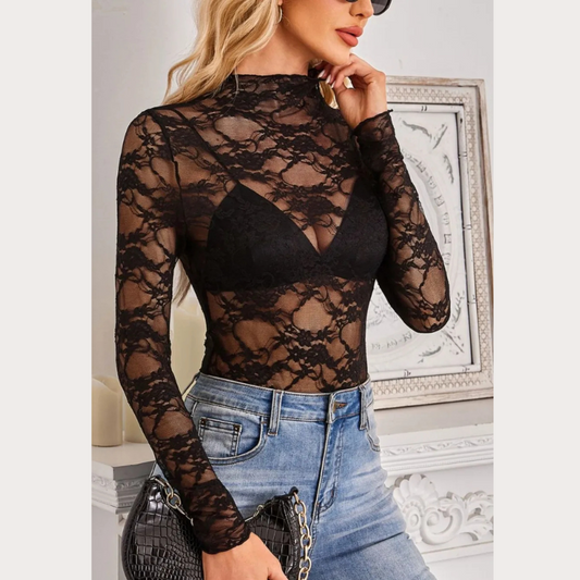 Mock Neck Long Sleeve Lace Sheer Top