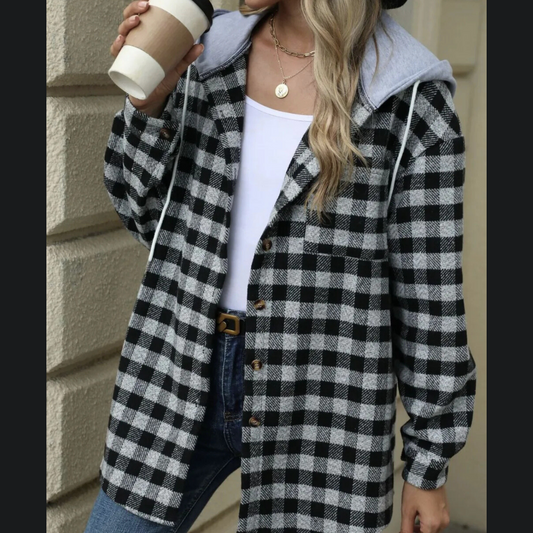 Casual Drawstring Plaid Long Sleeve Hooded Jacket