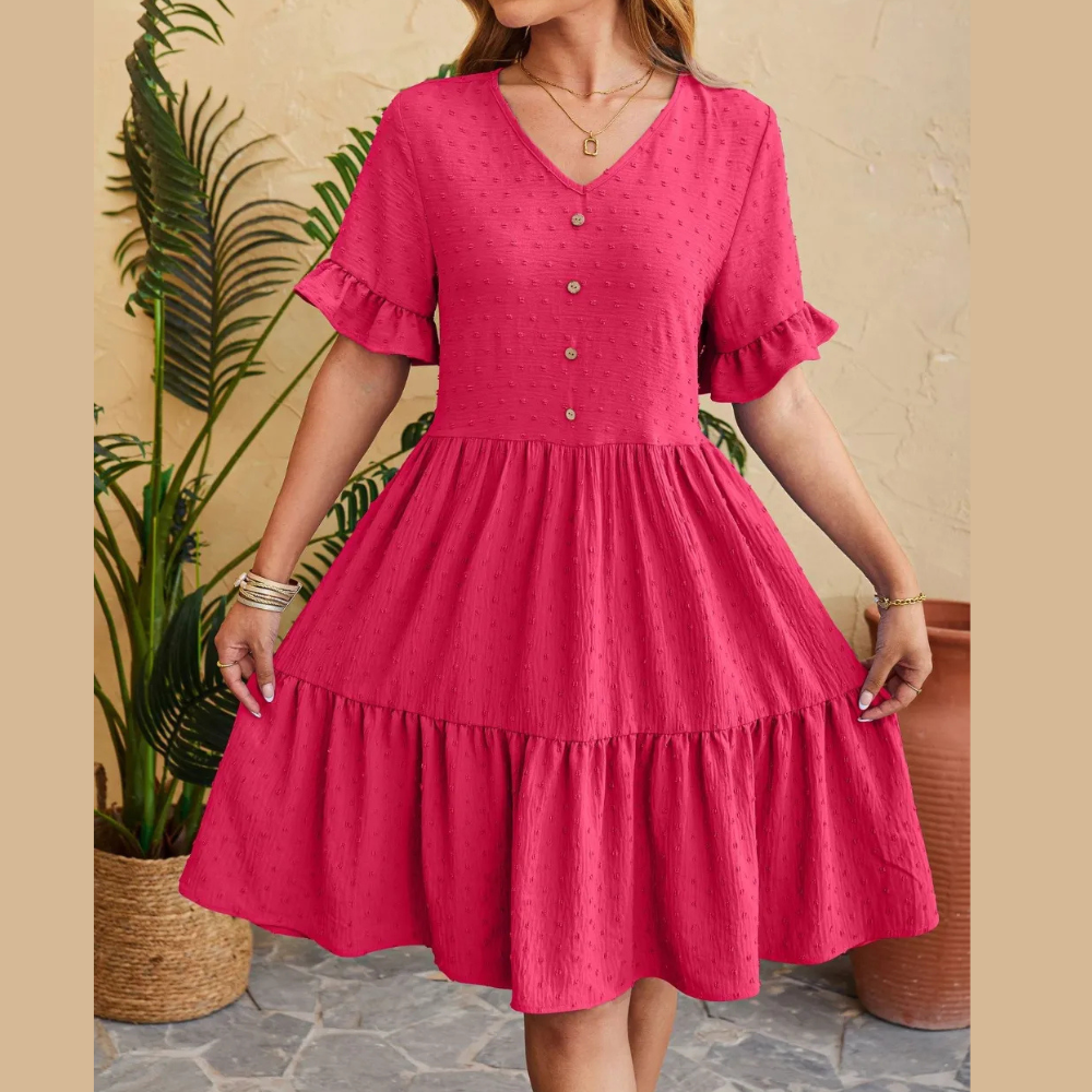 Swiss Dot Ruffled V-Neck Tiered Dress