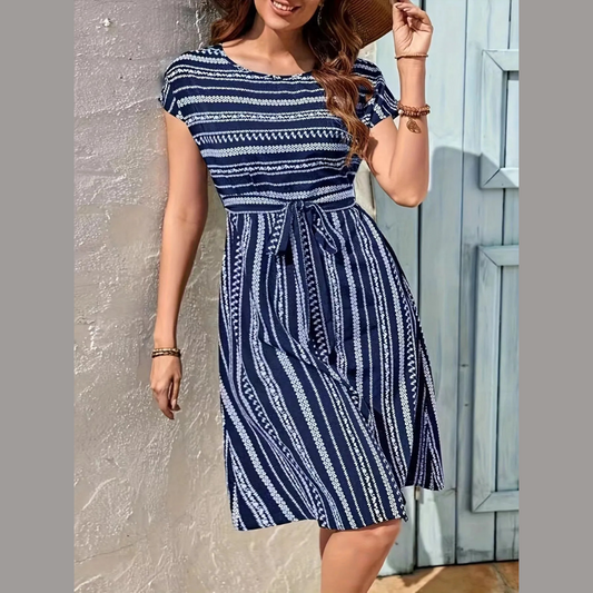 Striped Round Neck Short Sleeve Casual Dress