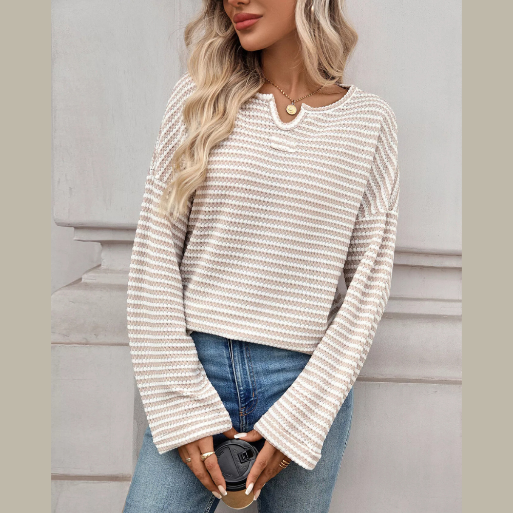 Striped Notched Long Sleeve T-Shirt