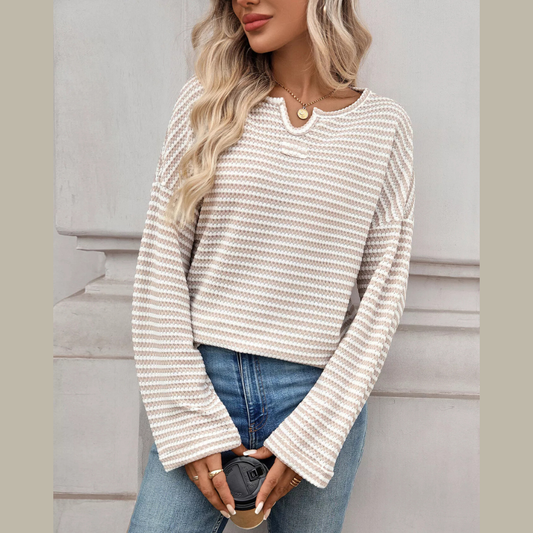 Striped Notched Long Sleeve T-Shirt
