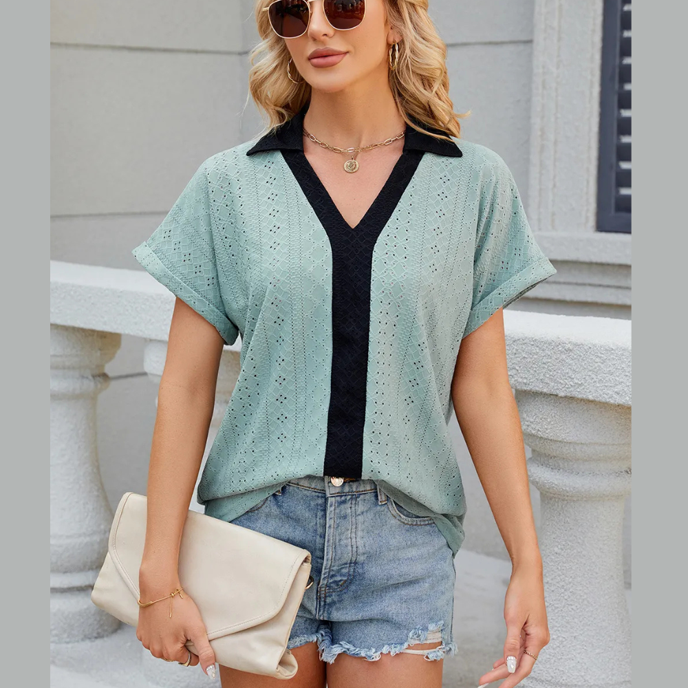 Eyelet Johnny Collar Short Sleeve T-Shirt