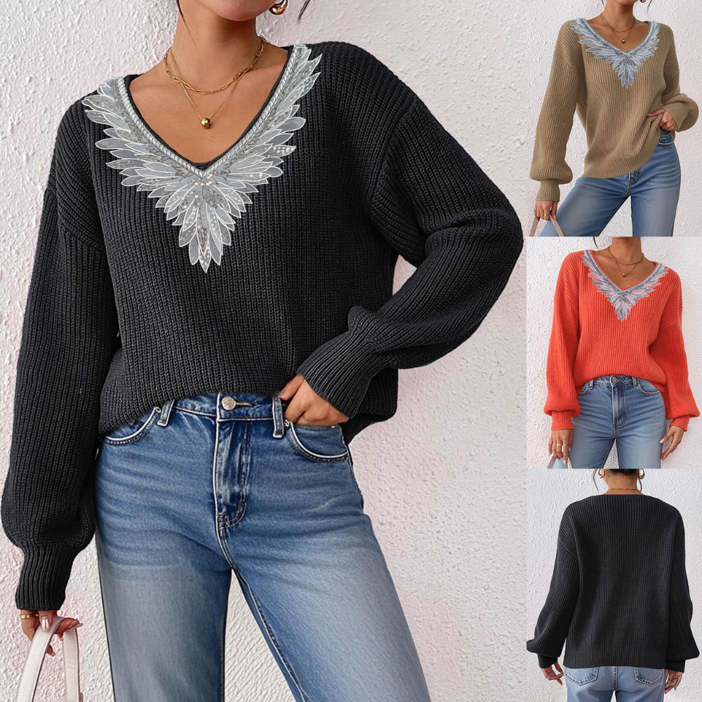 Lace Sequins Bow Tie V-neck Patchwork Pullover Long Sleeve Sweater