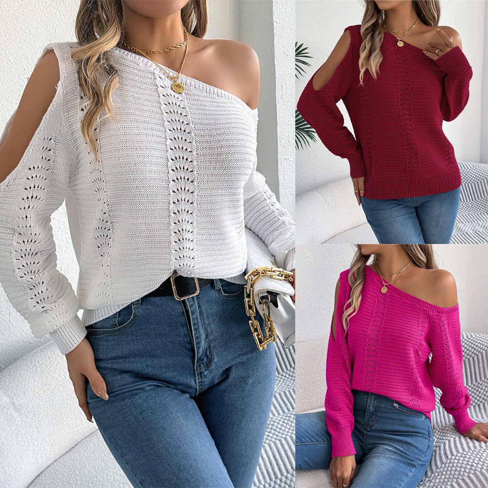 Solid Color Hollow Out Shoulder-baring Long Sleeve Pullover
