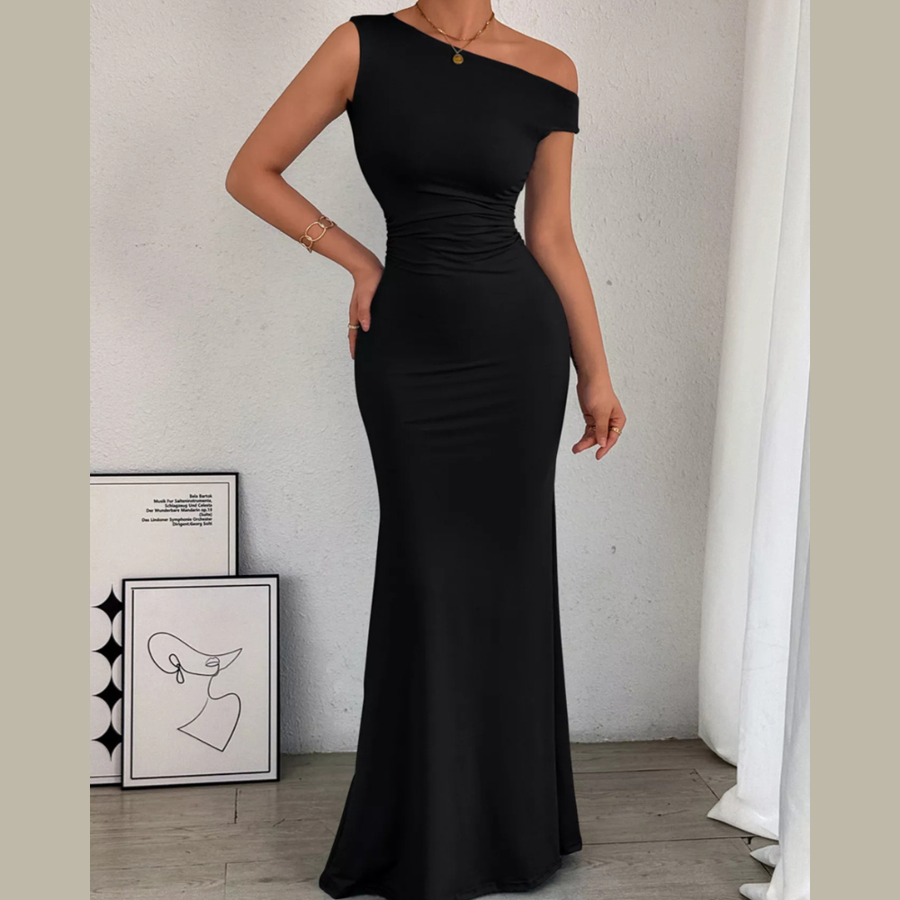 Classy One-Shoulder Ruched Bodycon Maxi Dress