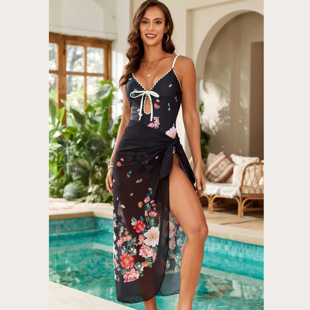 Printed Spaghetti Strap One-Piece Swimwear and Cover Up Swim Set