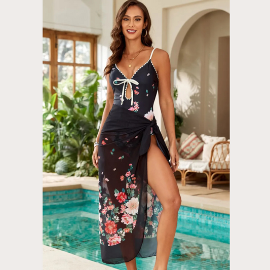 Printed Spaghetti Strap One-Piece Swimwear and Cover Up Swim Set