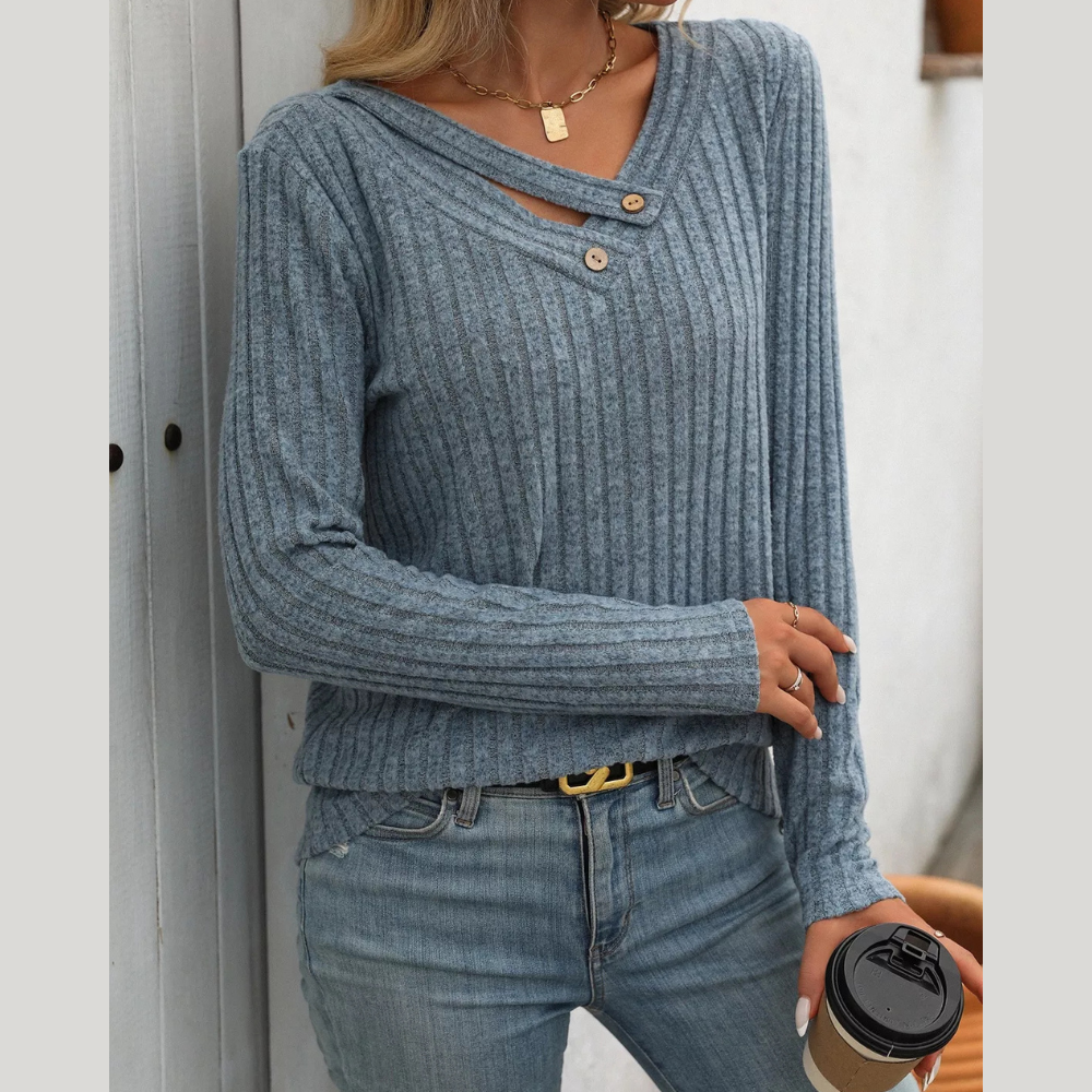 Ribbed Knit Long Sleeve Button Detail T-Shirt