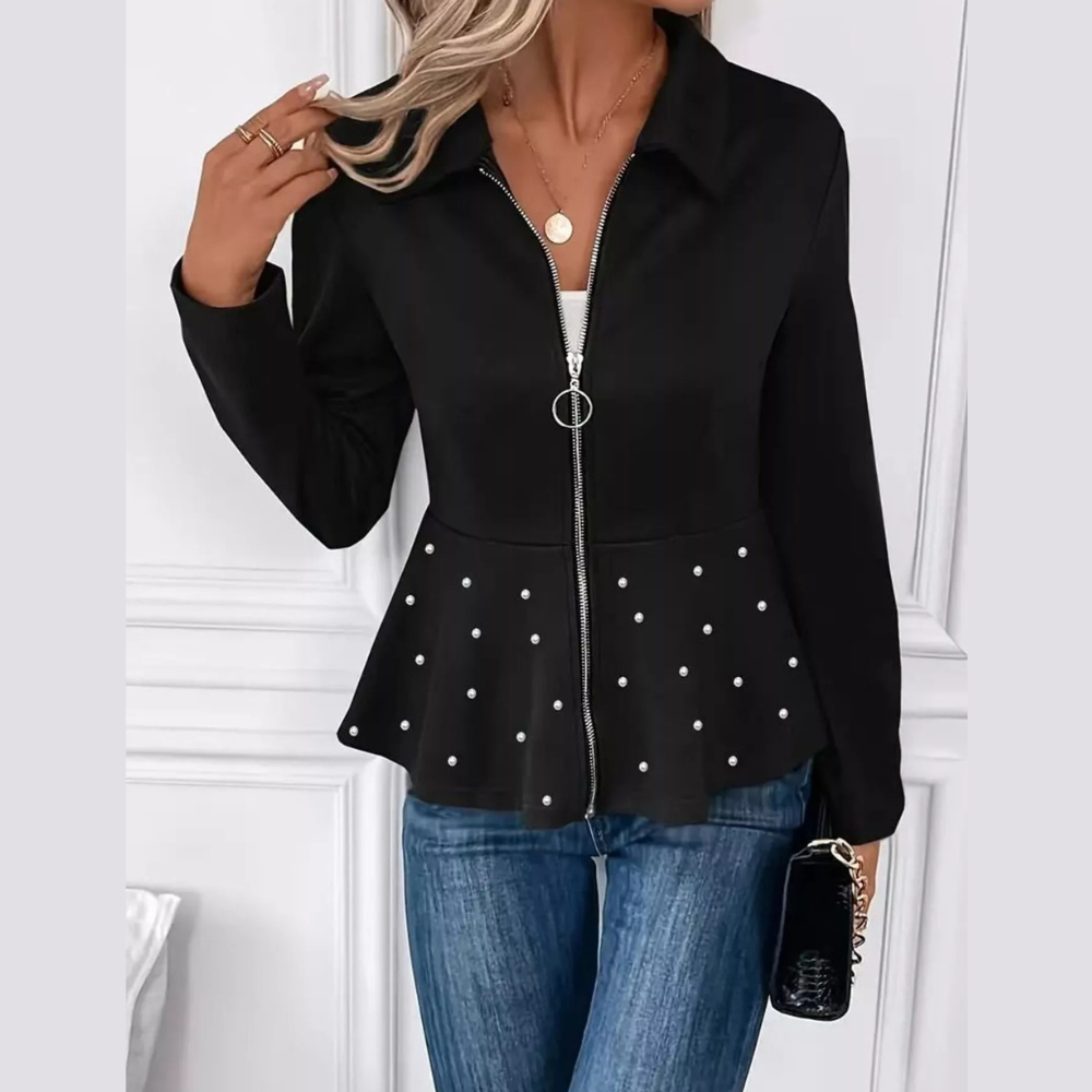 Pearl Embellished Zip-Up Peplum Outerwear