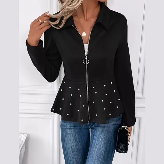 Pearl Embellished Zip-Up Peplum Outerwear