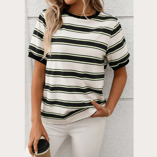 Contrast Striped Round Neck Short Sleeve T-Shirt