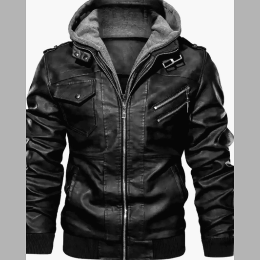 Men's Full Size Hooded Faux Leather Moto Jacket Plus Size