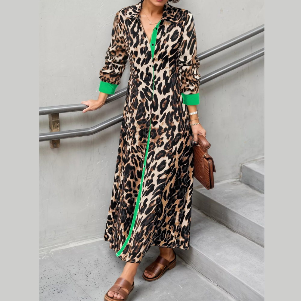 Leopard Print Long Sleeve Shirt Dress with Contrast Trim