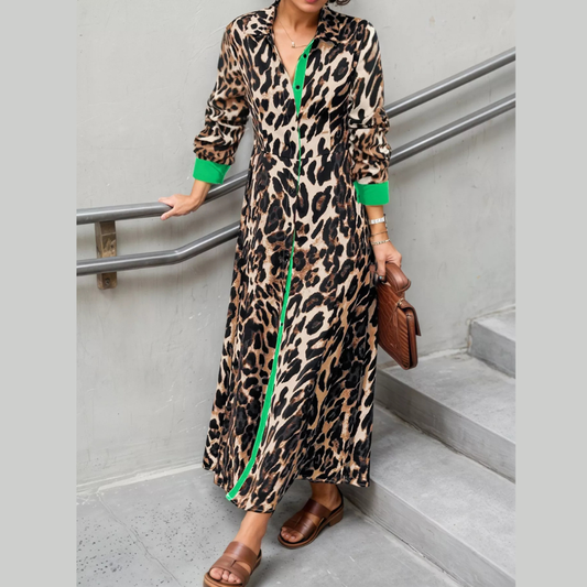 Leopard Print Long Sleeve Shirt Dress with Contrast Trim