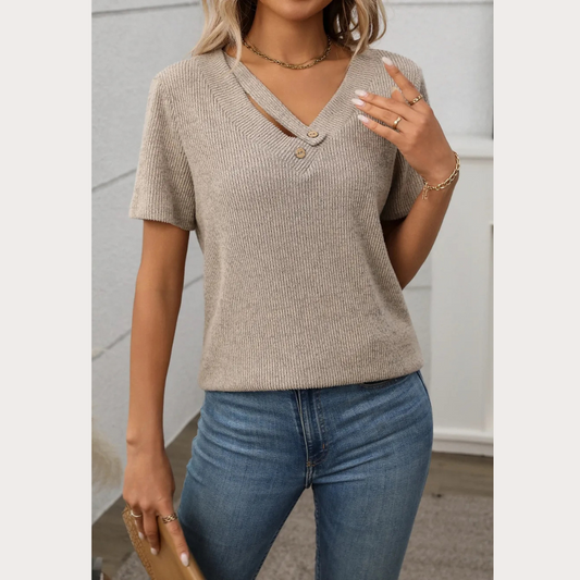 Ribbed V-Neck Short Sleeve T-Shirt