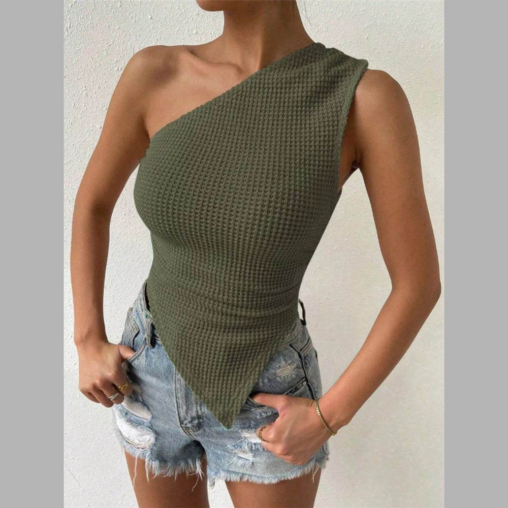 Asymmetrical One-Shoulder Waffle Knit Tank