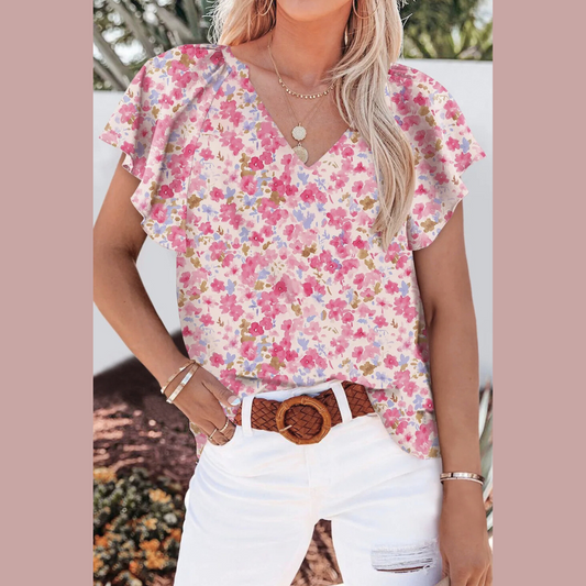 Flutter Sleeve Notched Floral Summer Blouse