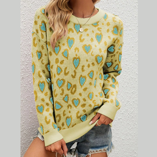 Heart Round Neck Long Sleeve Sweater