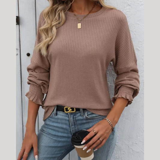 Ribbed Knit Ruffle Cuff T-Shirt