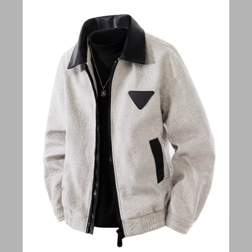 Men's Plus Size Leather Trimmed Zip Up Jacket