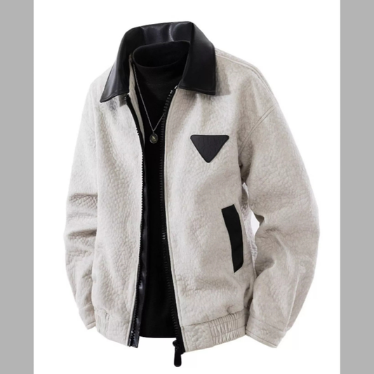 Men's Plus Size Leather Trimmed Zip Up Jacket