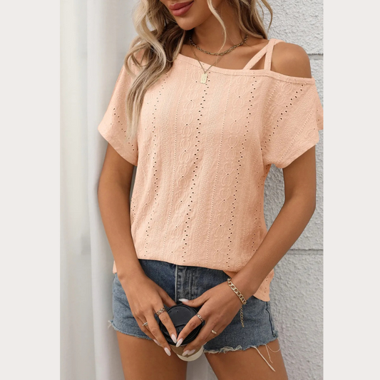 Eyelet Asymmetrical Shoulder Short Sleeve T-Shirt