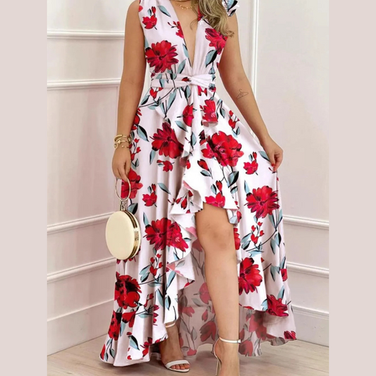 Ruffled Plunge Sleeveless Maxi Dress