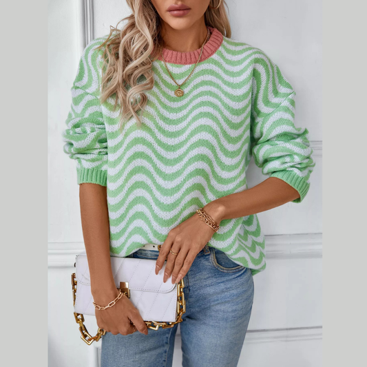 Wavy Striped Round Neck Sweater