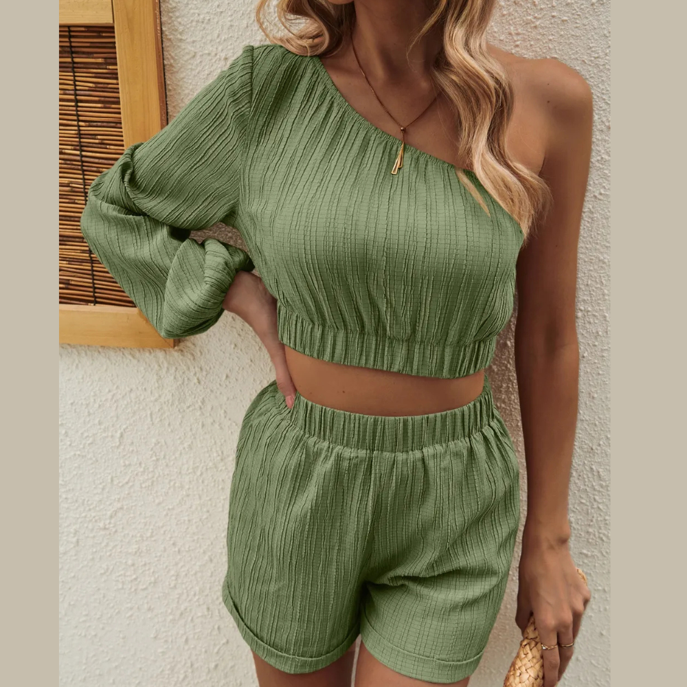 Honey One Shoulder Long Sleeve Top and Shorts Set
