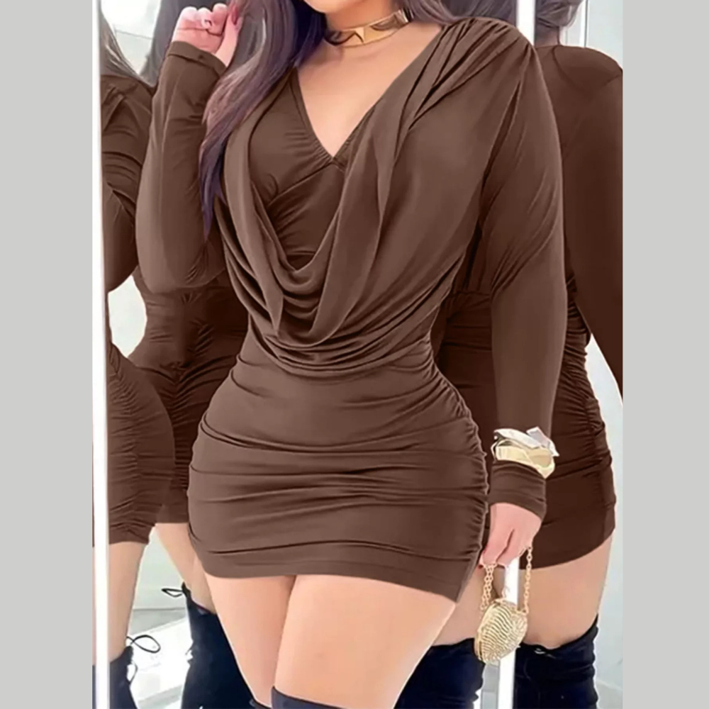 Draped V-Neck Long Sleeve Bodycon Mini Dress