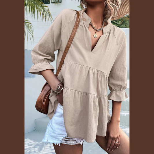 Notched Flounce Sleeve Blouse
