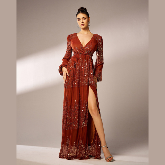 Long Sleeve V-neck Sexy Long Sequined Evening Dress