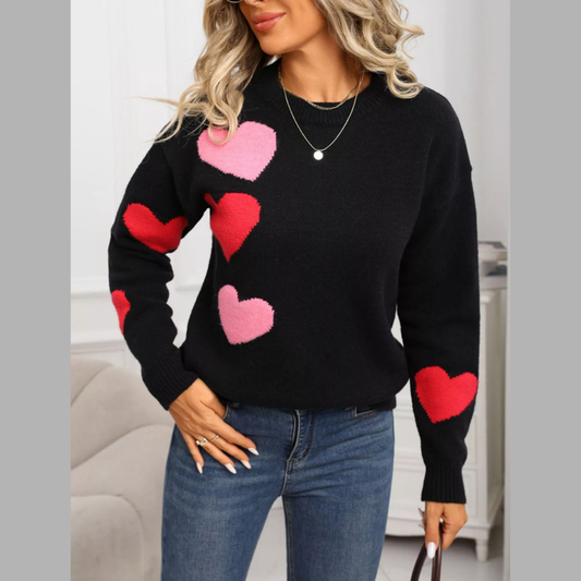 Valentine's Day Heart Pattern Round Neck Sweater