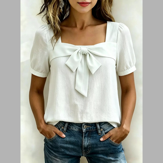 Bow Tie Square Neck Puff Sleeve Blouse
