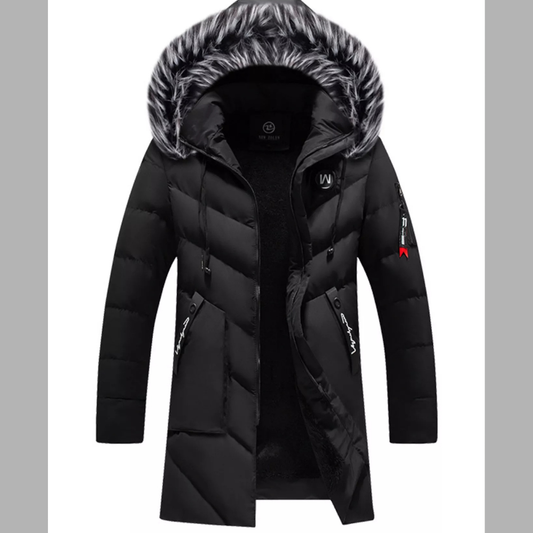 Men's Plus Size Longline Padded Winter Coat with Faux Fur Hood