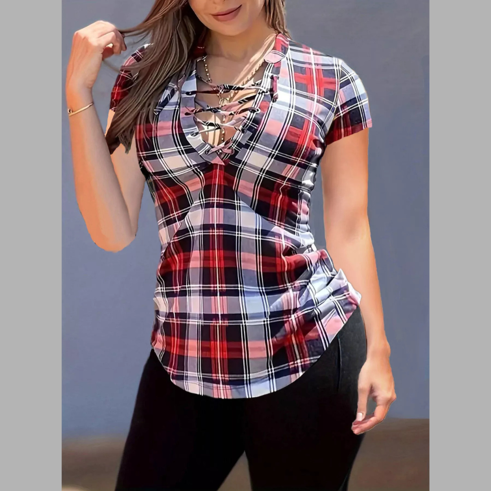 Plaid Lace-Up Short Sleeve Blouse