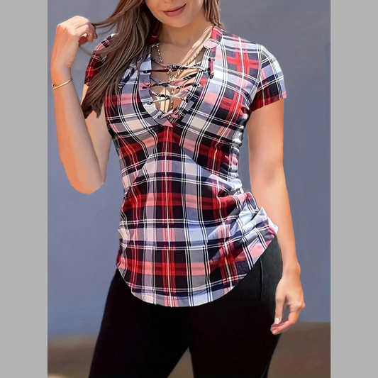 Plaid Lace-Up Short Sleeve Blouse