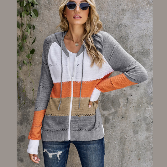 Zip-Up Raglan Sleeve Openwork Hooded Cardigan
