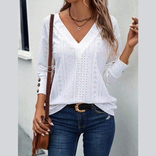 Eyelet V-Neck Long Sleeve T-Shirt