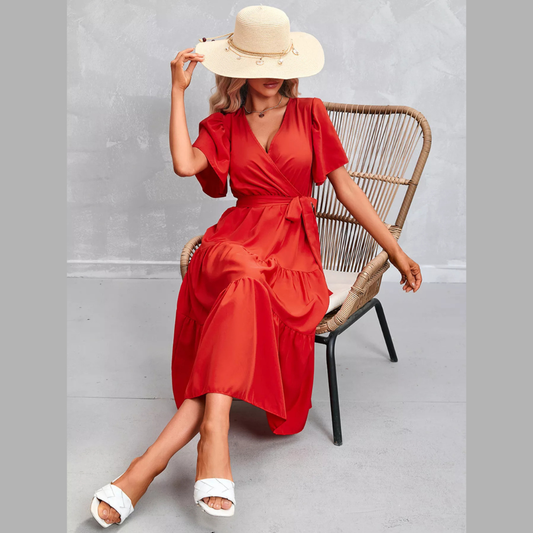 Flutter Sleeve Tiered Midi Dress