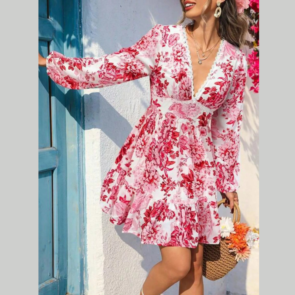 Full Size Floral V-Neck Long Sleeve Dress Plus Size