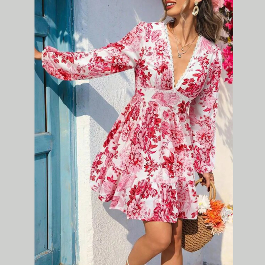 Full Size Floral V-Neck Long Sleeve Dress Plus Size