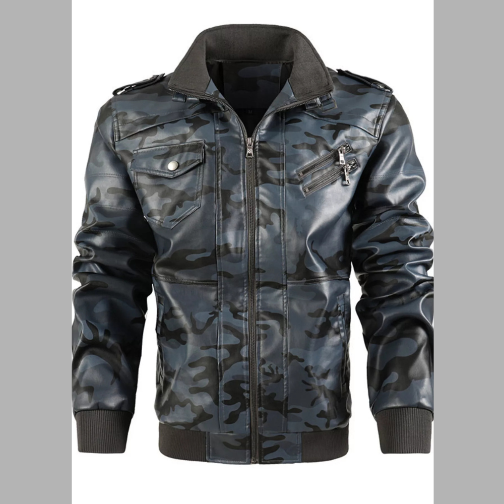 Men's Full Size Zip Up Camouflage Faux Leather Jacket Plus Size
