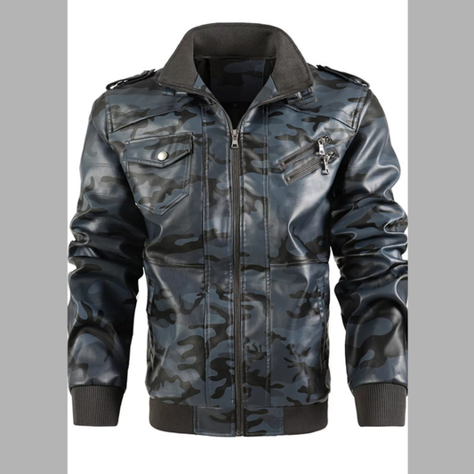 Men's Full Size Zip Up Camouflage Faux Leather Jacket Plus Size