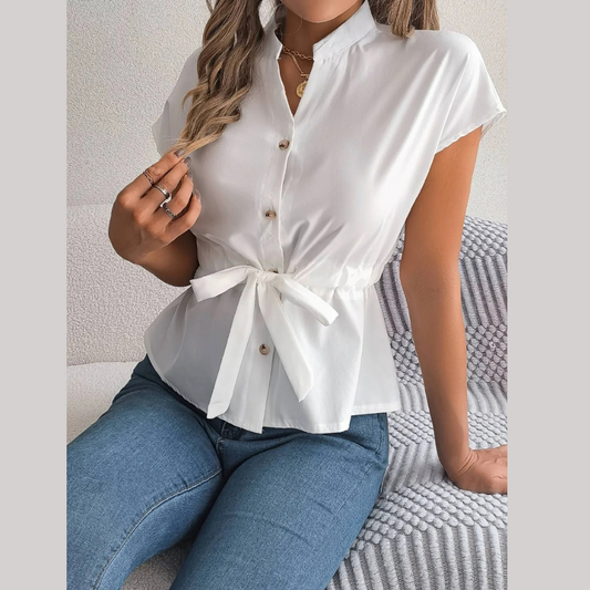 Notched Short Sleeve Blouse